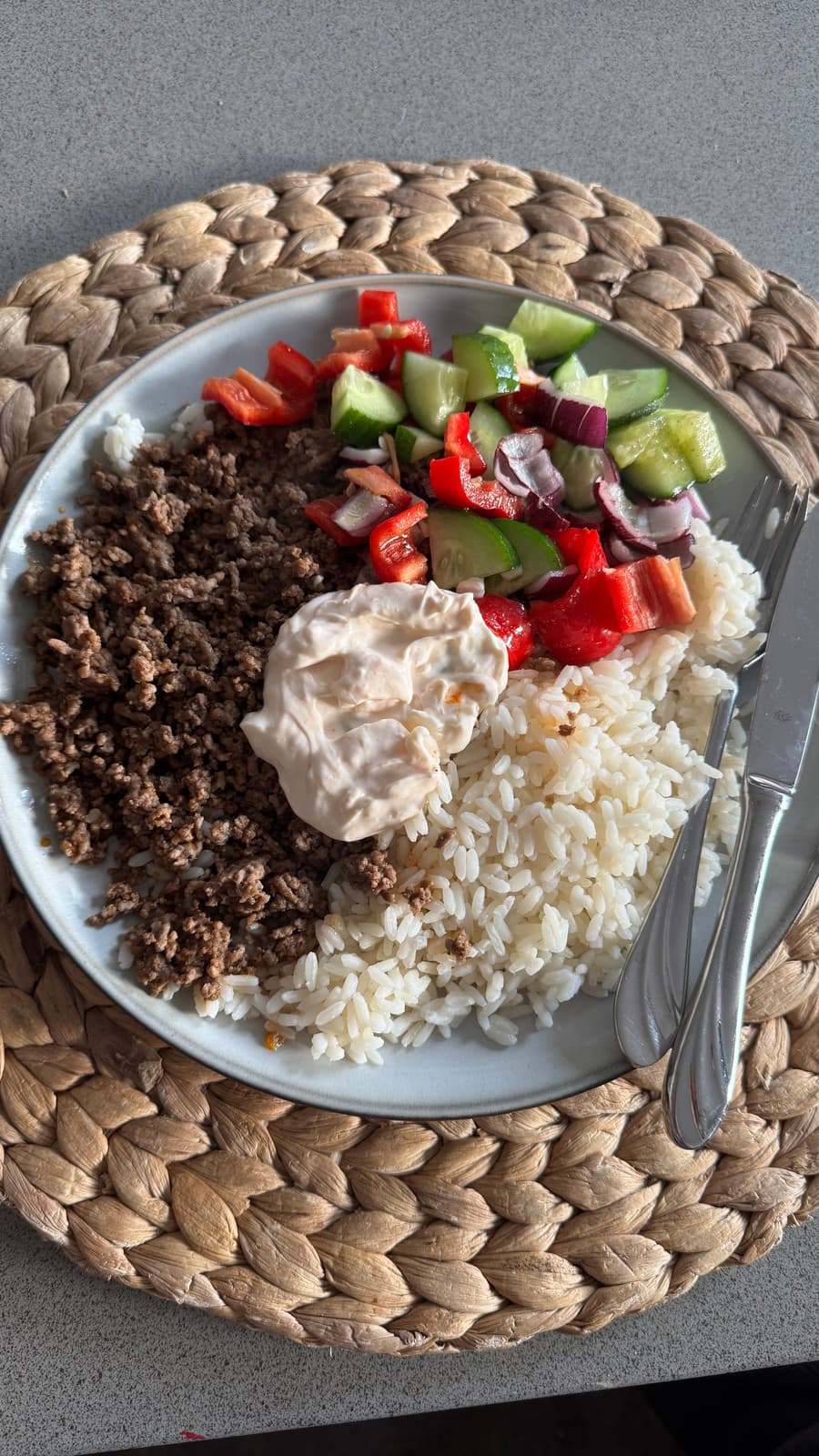 Ris med köttfärs, gurka och sås